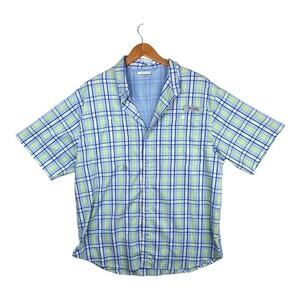 Columbia PFG Blue Green Plaid Tamiami Short Sleeve Fishing Shirt Size Large